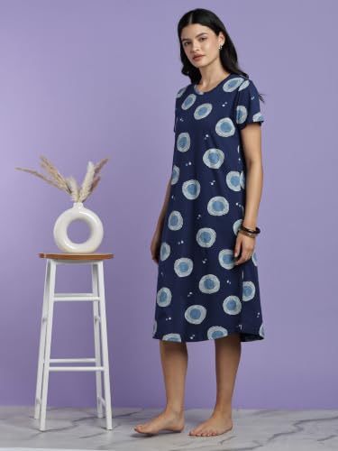 Image of 9shines Label Hosiery Cotton Knee Length Short Night Dress | Short Nighty for Women with Pocket | Graphic Print Nightwear | Night Gown for Women (M-7XL)
