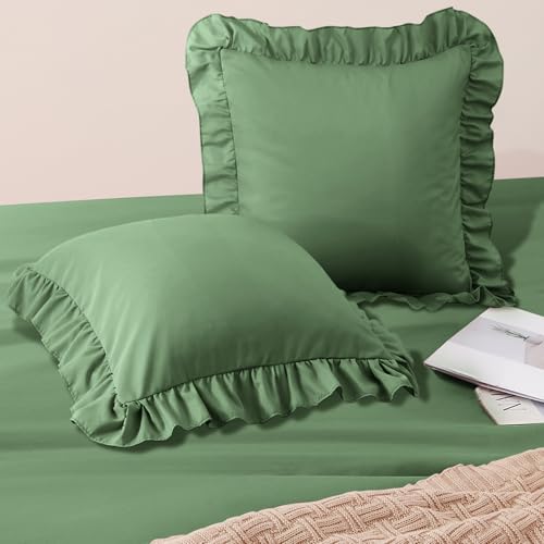 Horbaunal 2 Pack Sage Green Ruffle Euro Shams 26" x 26" Ruffle Square Pillow Covers Ultra Soft Microfiber Ruffled Fringe Pillow Shams Covers, Shabby Chic Pillowcases