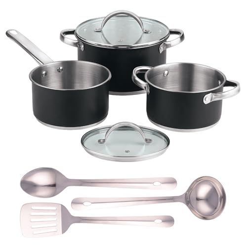 Batería de cocina 5pc Ø16Ø20Ø24 con tapas + Juego de 3 utensilios en acero inox San Ignacio