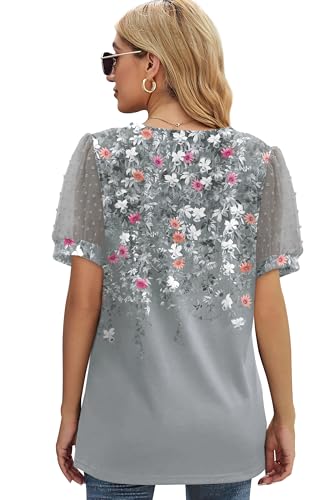Image of Aokosor Womens Summer Tops V Neck T Shirts Swiss Dot Puff Sleeve Tops Loose Casual Tshirts