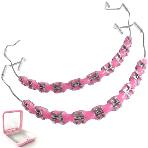 Dental Fake Braces for Teeth with Storage Case, Orthodontic Temporary Tooth Wire Braces with Metal Brackets and Arch Wire, Teaching Demonstration Model, Practice Aid, Educational Display (Pink)