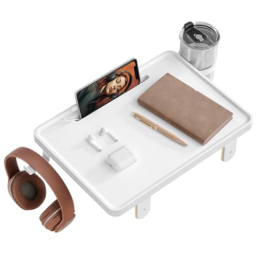 VASAGLE Table de Chevet, Plateau de Lit, Étagère de Lit, pour Lit Superposé, pour Lit Mezzanine, Emplacement pour Téléphone, Porte-Verre Rotatif, Crochet, Pinces Réglables, Blanc Nuage LET301W02