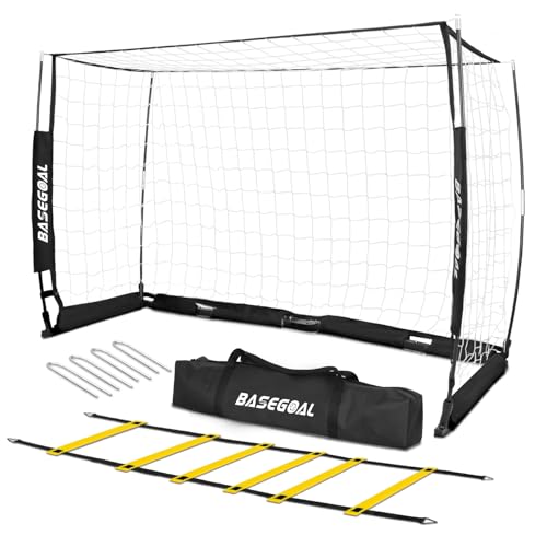 BaseGoal Portería de Fútbol Grande, 180cm x 120cm Portería de Futbol para Jardín, Viene con Escalera de Agilidad y Bolsa de Transporte, Red para Entrenamiento para Amantes del Fútbol