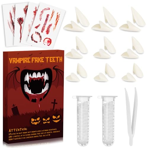 WITOROR 9 Pairs Vampire Teeth with 2 Tube Solid Adhesive-3 Sizes Fake Fangs for Cospaly, 4 Scar...