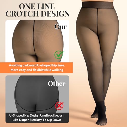 Image of WiliW Plus Size Fleece Lined Tights for Women, Sheer Winter Warm High Waist Thermal Tights Fake Translucent