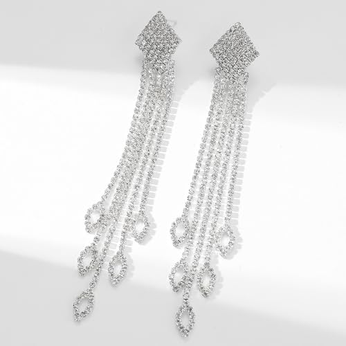 Rhinestone Drop Earrings for Women Sparkly Long Tassel Earrings Dangling Crystal Statement Prom Earrings Wedding Party Dress Outfit Jewerly Gifts4