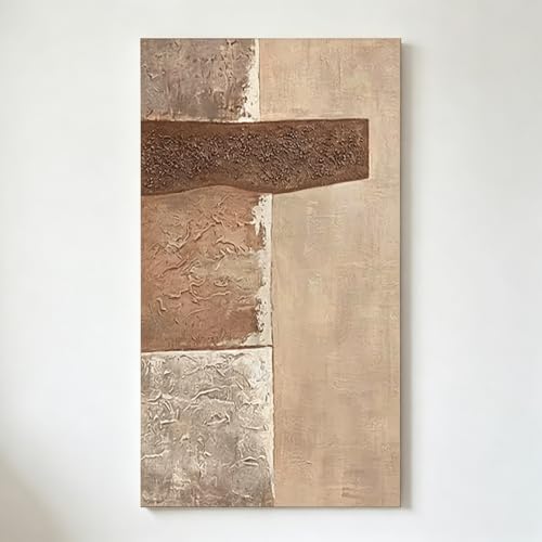 Lienzo vertical abstracto de textura gruesa Rumlly obra Wabi-Sabi premium en tonos tierra
