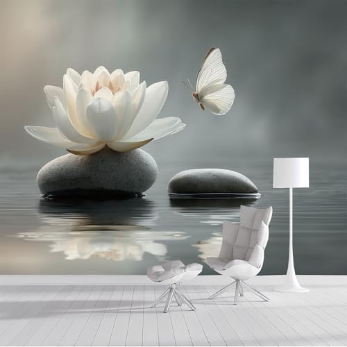 SMBHIAON Papier Peint Panoramique Style Zen,Papier Peint 3D Éléments Papillon Pierre Lotus Blanche Portant Intissé Wallpaper Chambre Bureau Déco...