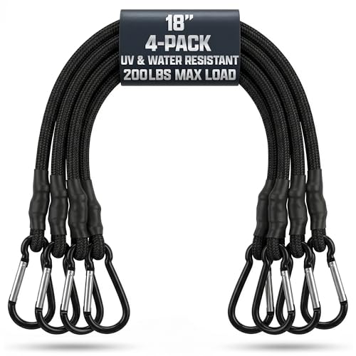 4 Pcs Heavy Duty Bungee Cords with Carabiner Hooks 18 200Lbs Load Latex & Braided Rubber Cord Anti-Rust Steel Carabiner Bungee Cord UV Resistant | Camp Car RV Kayak | Home & Outdoor Use