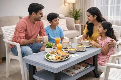 Image of Royal - Foldable Plastic Coffee Table with Storage Shelf | Center Table for Living Room | Tea Table | Furniture for Home & Office | 82.5 x 52.5 x 42.5 CM | Desert Colour (Grey)