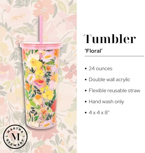 Martha Stewart Double Wall Tumbler with Lid and Reusable Straw, Floral Acrylic Cup, Insulated Travel Cup Holds 24 Ounces (Joyful Blooms)