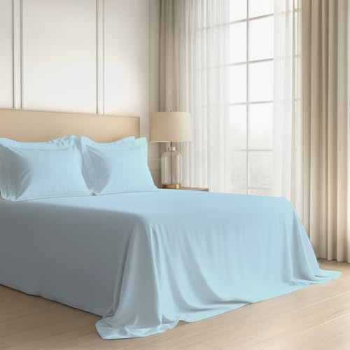 Image of Pizuna 100% Cotton Bedsheet Super King Size Baby Blue, 600 Thread Count Long Staple Combed Cotton Flat Bedsheets 108x108 Inches with 4 Pillow Covers, Bed Sheet for Super King Size Bed