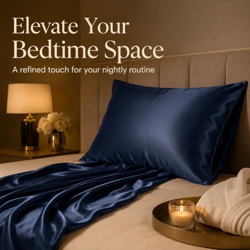 Silk Pillow Cases Standard Size with Hidden Zipper, Mulberry Silk Pillowcase for Hair and Skin, Cooling Smooth Anti Acne Pillowcase, Ideal Gifts for Women Men(Deep Blue) - image 3