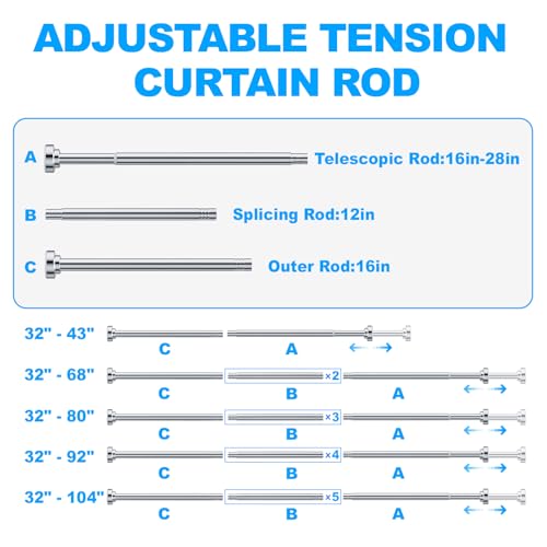 Image of TEECK 2 Pack Shower Curtain Rod, 32-43 inch Adjustable Spring Tension Curtain Rod, Never Rust Anti-Slip Shower Curtain Rod for Bathroom, No Drilling, Never Collapse, Easy to Use, Silver