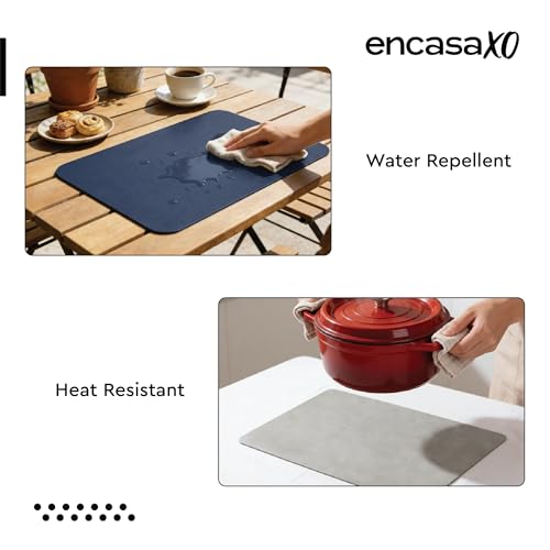 Image of Encasa XO Leather Dining Table Mat Set of 6 + 6 Coasters, 42x30 & 9 cm | Water & Heat Resistant Double-Layer Dining Table Mats | Wipeable & Durable Grey & Blue Placemats for Dining Table