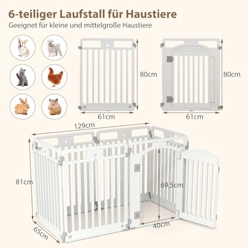 COSTWAY Welpenauslauf faltbar, Welpenlaufstall mit 6 Paneelen, abschließbarer Tür & Bodennägeln, 80 cm hoch, Hundelaufstall Outdoor Indoor, Laufstall Hund, Hundeauslauf aus Kunststoff, Weiß