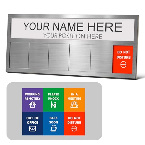 Name Plate for Desk& Office Door Sign, 6 Options Do Not Disturb, In A Meeting, Out of Office, Working Remotely, Please Knock, Stick or Stand with Desk Name Plate, Brushed silver