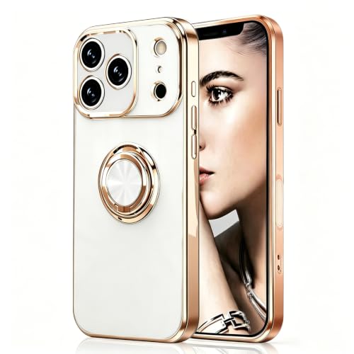 Omorro Compatible with Rose Gold iPhone 17 Pro Case for Women Girls Kickstand Ring Holder 360 TPU Rotation Ring Case with Stand Plating Edge Work with Magnetic Mount Slim Luxury Case,White