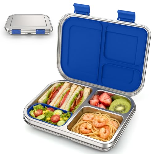 BABHAMNESS Stainless Steel Bento Box Kids 3 Compartments Leak Proof Metal Bento Lunch Box 304 Stainless Steel Bento Lunch Containers for School and Office Dishwasher Safe BPA-Free-Blue