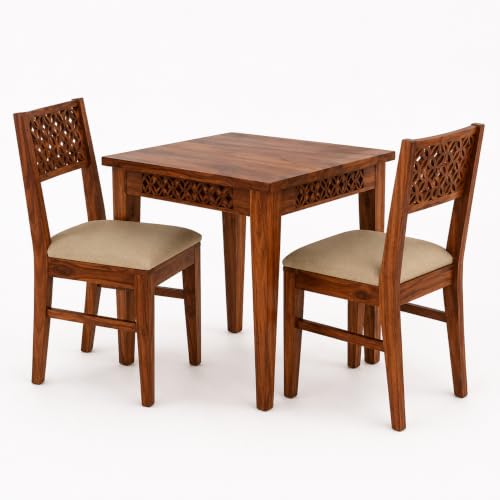 Image of Solid Sheesham Wood 2 Seater Dining Table Set for Home & Kitchen | Teak Finish Wooden Dining Set with 2 Cushioned Chairs | Table Size 34 x 30 x 29 Inches | Chair Size 17 x 17 x 35 Inches
