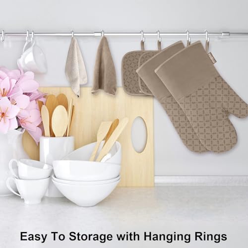 Image of KEGOUU Oven Mitts and Pot Holders 6pcs Set, Kitchen Oven Glove High Heat Resistant 500 Degree Extra Long Oven Mitts and Potholder with Non-Slip Silicone Surface for Cooking (Khaki)