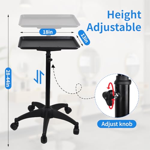 FozsKeylf Rolling Salon Tray, Adjustable Salon Tray on Wheels, Premium Aluminum Tattoo Tray Cart for Spa Clinic, Black