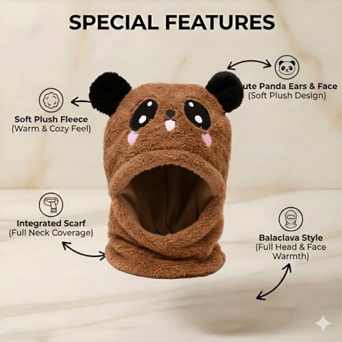 Image of Kraptick Winter Kids Monkey Cap - Cute Panda Plush Balaclava Hat with Neck Warmer Scarf Soft Woolen Fleece Lined Windproof Earflap Hood for Babies -3