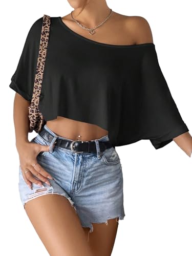 SOFIA'S CHOICE Women's Off Shoulder Crop Tops Loose Boat Neck Short Sleeve T Shirt4