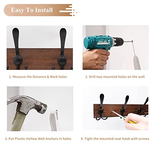 Dzanken Coat Rack Wall Mount, 4 Metal Hooks, Wooden Heavy Duty Wall Entryway Hanging Coat Rack For Clothes Hat Towel Scarf Bag Towel Key (Brown) #TOP1