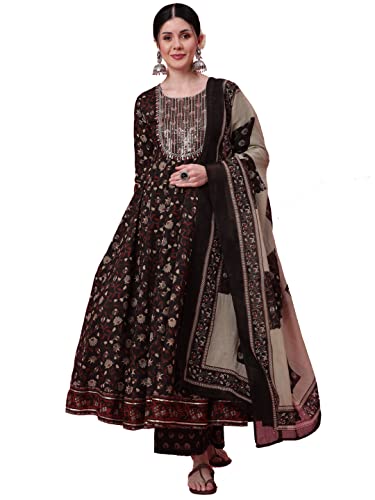 DREAMANGEL FASHION Womens Party Wear Rayon printed Anarkali Kurta Trouser With Dupttaa (as1, alpha, x_l, regular, regular, BLACK)