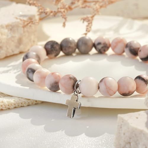 BONITTER Gifts for Teen Girls, Christian Easter Gift Natural Stone Cross Bracelet Heart Bracelets Birthday Gift for Girls Boys Trendy Stuff with Inspirational Card3