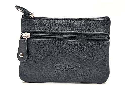 Pielini Monedero pequeño de Piel auténtica de la Marca 2 Cremalleras y Llavero. Monedero para Hombre. Monedero para Mujer. Espacios para Monedas, Tarjetas y Billetes. Diseñado en España. Color Negro.