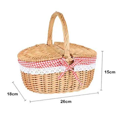 Cesta de Picnic de Mimbre Estilo Campestre con Tapa Ovalada y Forro Rojo, Asa Resistente y Forro Extraíble, Cesta de Almacenamiento para Picnic, Fiestas, Barbacoas y Camping DecoracióN del