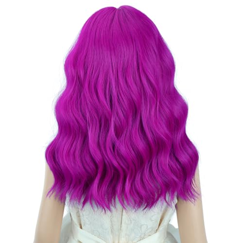 Image of PATTNIUM Girls Rose Purple Short Curly Wavy Wigs with Bangs Rose Shoulder Length Wavy Heat Resistant Synthetic Wig