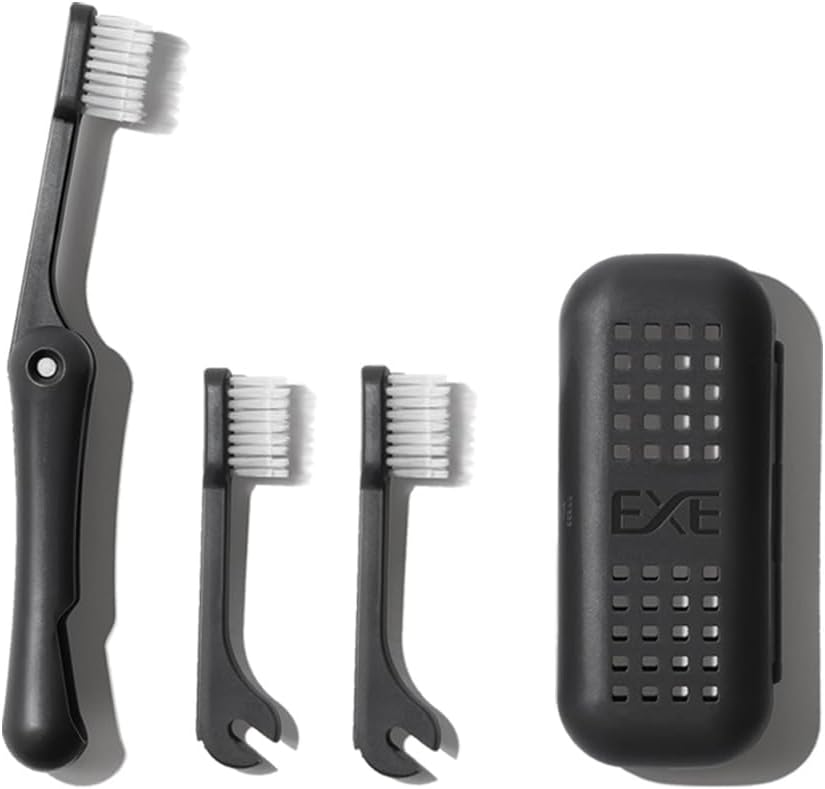 Minibox Folding Travel Toothbrush with Dual-Length Bristles & Case, Compact Mini Design for Business Trips, Camping, and Outdoor Activities, 1 Pack with 2 Extra Replaceable Brush Heads, Black