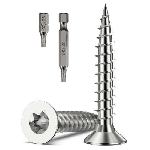 Image of 100 Pcs M4 x 25mm Wood Screws, A2 304 Stainless Steel Countersunk Timber Screw, Torx Head Star Drive Self Tapping Screws with 2x T20 Bits for Woodworking, Chipboard