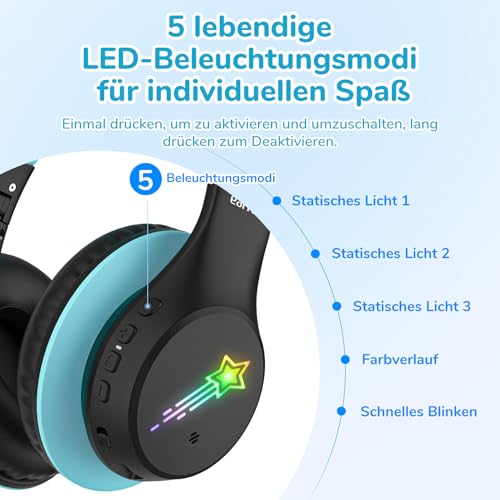 EarFun Bluetooth Kopfhörer Kinder, 5 LED Beleuchtungsmodi, und AUX Kabel – Ansicht 3