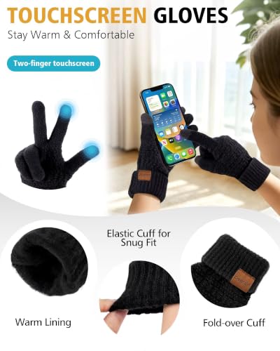 Womens Winter Hat Gloves Scarf Headband Set, Fleece Beanie with Pom Neck Scarf Knit Gloves Ear Warmers, 4-Piece Warm Gift Set - Image 4