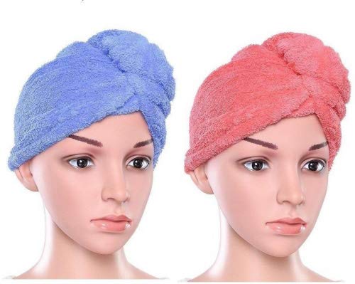 Hair Turban Towel Twist Wrap Fast Drying Absorbent Microfiber Dry Hair Cap for Bath Shower, Spa 2 Pack (Blue and Red)