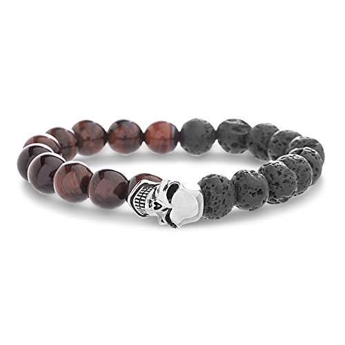 Steve Madden Stainless Steel Tiger Eye Lava Beads Skull Bracelet for Men