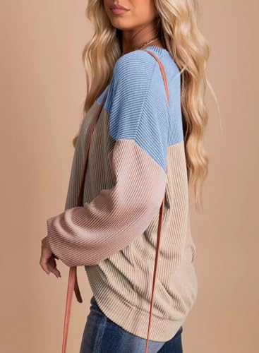 Image of Dokotoo Womens Tops Fashion 2026 Color Block Long Sleeve Shirts for Women Crewneck Knitted Casual Loose Blouses