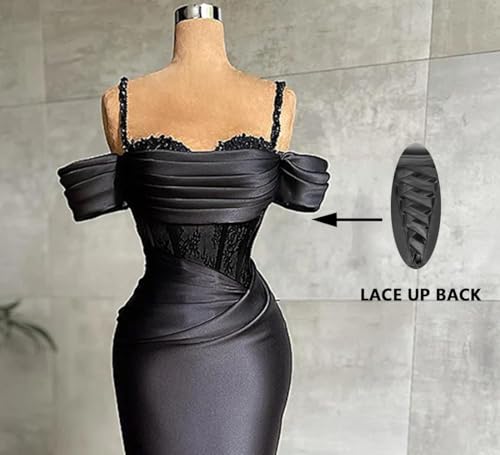 Jorshiman Womens Black Satin Spaghetti Straps Mermaid Lace Modern Floor Length Formal Wedding Party Dress3