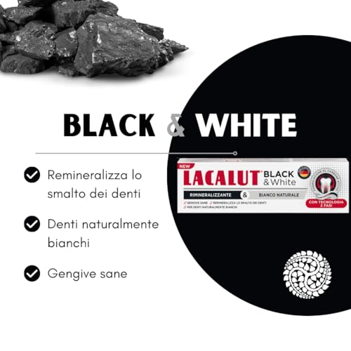 LACALUT Black & White Zahnpasta, professionelle Zahnaufhellung, Remineralisiert den Zahnschmelz, professionelle Aufhellung, Aktivkohle, 75 ml – Bild 3