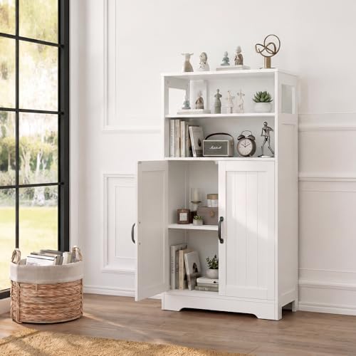 GRUSIGN 43.3" H Bathroom Storage Cabinet with Doors, Freestanding Small Bathroom Cabinet Organizer, Farmhouse Cupboard, Adjustable Shelves, for Laundry Room, Kitchen, Living Room, White - Image 2