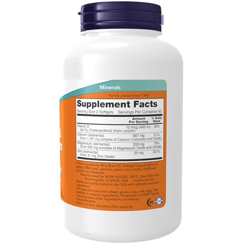 NOW Foods Supplements, Calcium & Magnesium with Vitamin D-3 and Zinc, Supports Bone Health*, 120 Softgels - Image 3