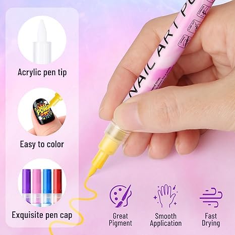 Image of KHOLAD 12 Colors nail art Pens Set, 2026 Upgrade Nail Art Markers for Gel Nails, DIY Quick Dry Graffiti Dotting Point Liner Pens, 3D Nail Polish Pens for Painting, Nails Art Drawing Tool (12 Colors - 0.7mm Fine Tip)
