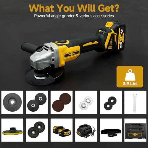 Image of Cordless Angle Grinder 3 /8 inch-16-21V Brushless Motor Battery Grinder Kit, Power Cut Off Tool with 2x4.0Ah Battery & Charger, Grinding Accessories for Metal Cutting, Grinding, Polishing