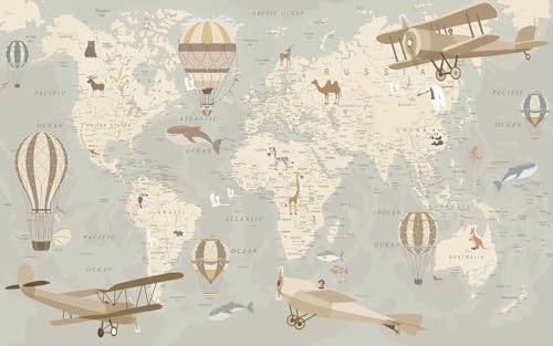 HXA DECO - Decoration Murale, Decoration Chambre Art Mural Tableau Deco, Tableau Enfant Carte du Monde Avions et Montgolfières - 80x50 cm