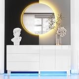 AMERLIFE High Gloss Electroplated Sideboard Buffet with LED Lights, 63' Modern Minimalist Console Table Storage Cabinet with Magnetic Doors & Drawers for Living Room, Dining Room, Entryway, White