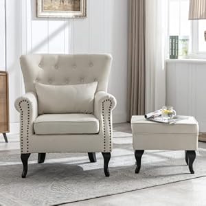 Chairus mid century modern accent chair with ottoman comfy linen single sofa chair button tufted wingback armchair with pillow for living roombedroomclub beige  urban country home decor
